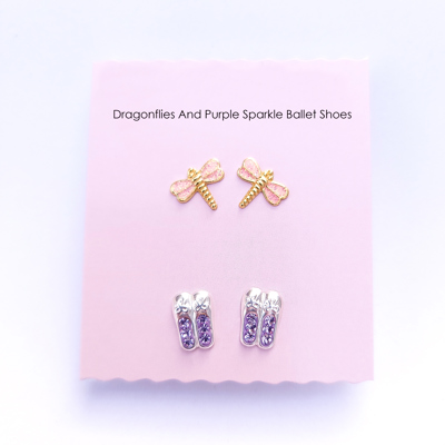 Dragonflies And Purple Sparkle Ballet Shoes Earrings Set - Hypoallergenic