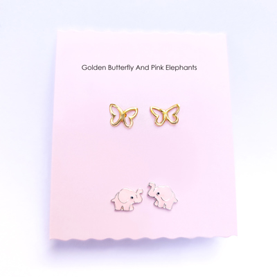 Golden Butterfly And Pink Elephants Earrings Set - Hypoallergenic