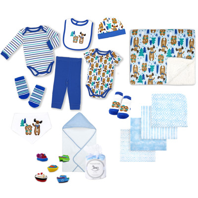 28 Piece New Baby Arriving Gift Assortment, Blue and White