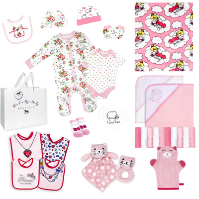 28 Piece Baby Girl Arriving Gift Assortment, Pink and White