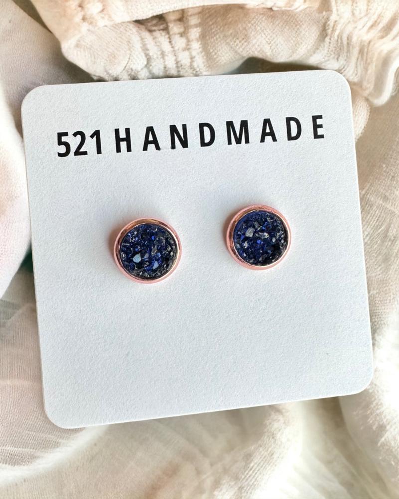 Navy Blue Druzy Stud Earrings