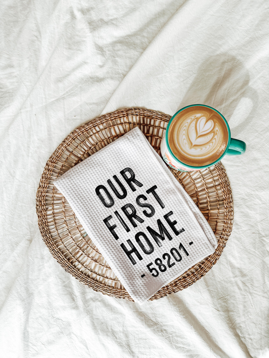 Our First Home Zip Code Tea Towel for Spring