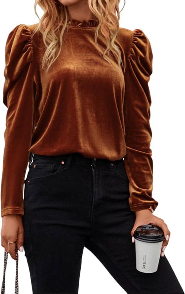 Velvet Puff Sleeve Top - A Rust Brown