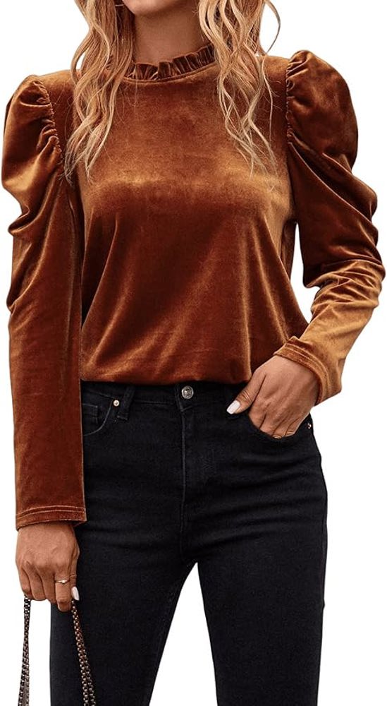 Velvet Puff Sleeve Top - A Rust Brown