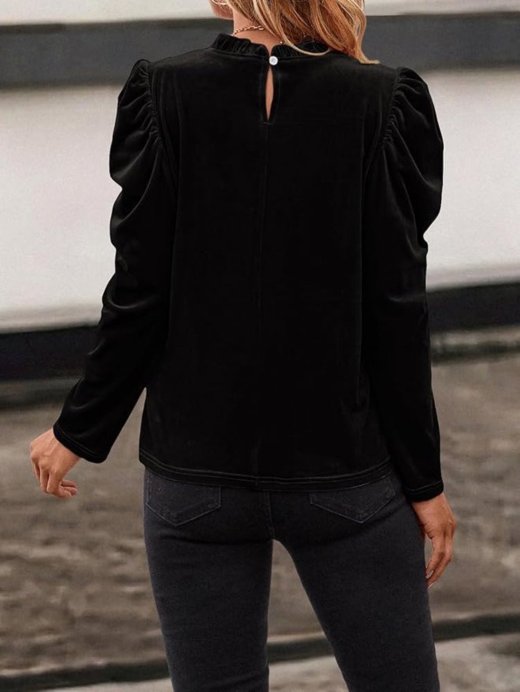 Velvet Puff Sleeve Top - Black