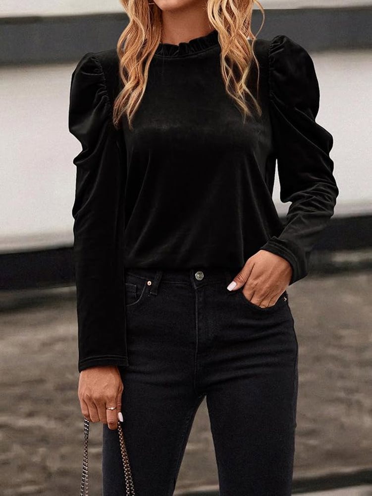 Velvet Puff Sleeve Top - Black