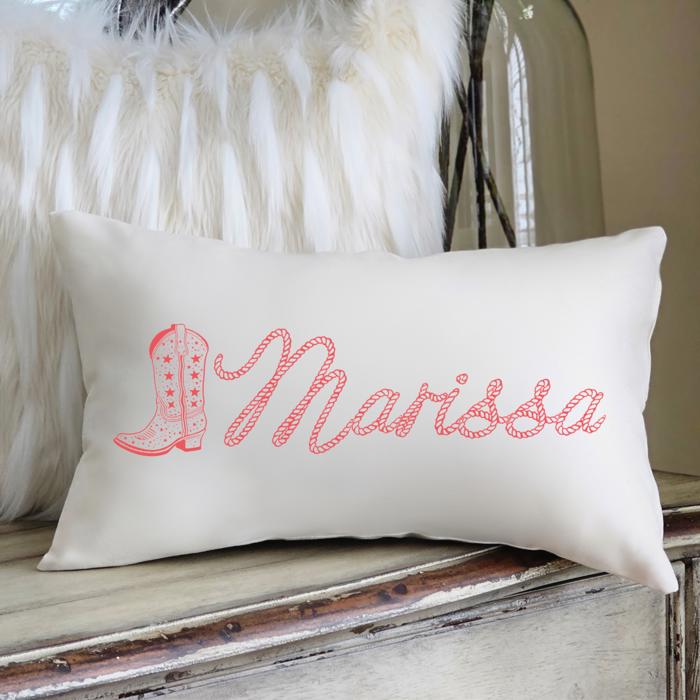 Western Cowgirl Aesthetic Lumbar Pillow Customized with Name in a Lasso Rope Font 