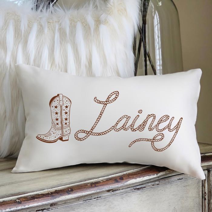 Western Cowgirl Aesthetic Lumbar Pillow Customized with Name in a Lasso Rope Font 