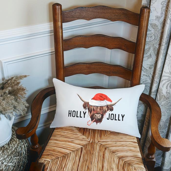 Christmas 2025 Highland Cow with Santa Hat Throw Pillow