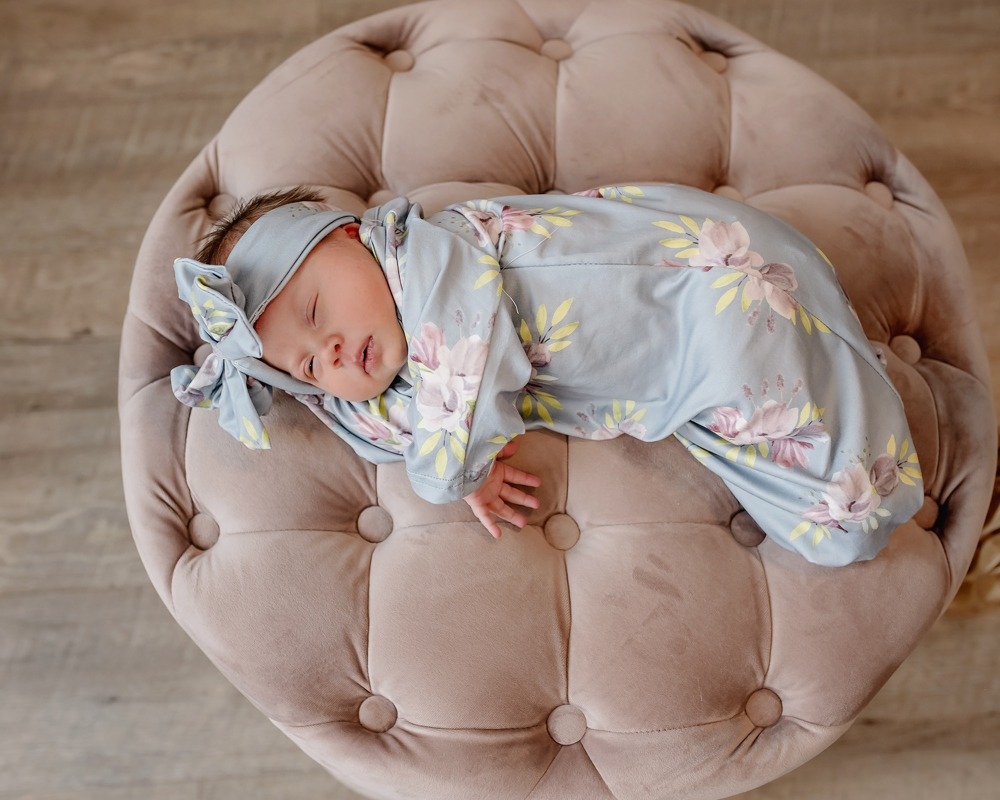 Gray Blue Floral Baby Gown and Bow Headband