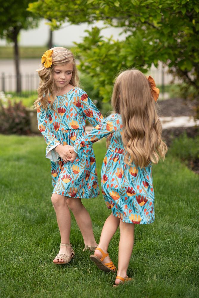 Claire Mustard Teal Floral Dress