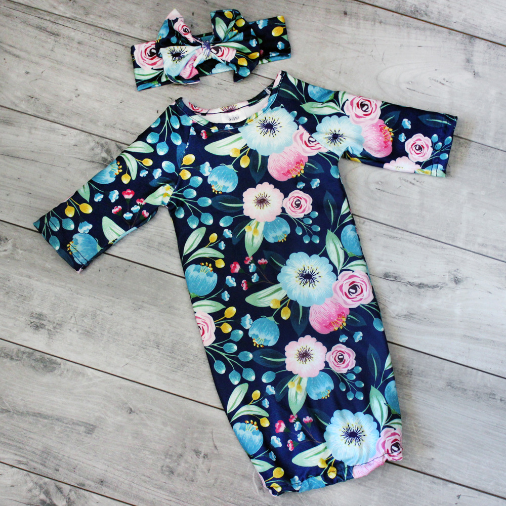 Navy Floral Baby Gown and Bow Headband