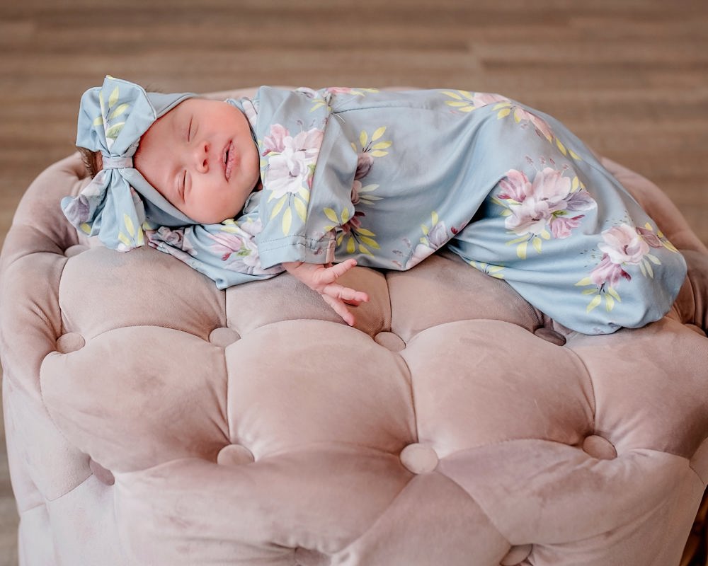 Gray Blue Floral Baby Gown and Bow Headband