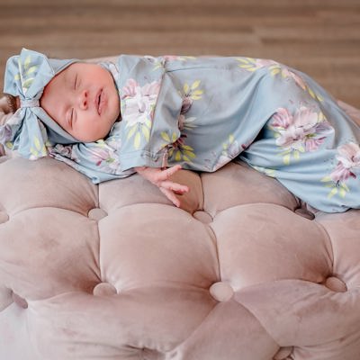 Gray Blue Floral Baby Gown and Bow Headband