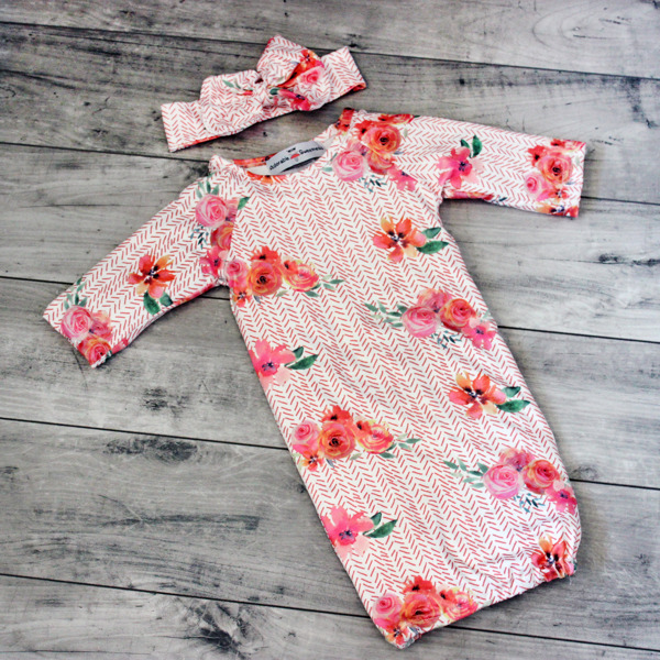 Peach Rose Baby Gown and Bow Headband