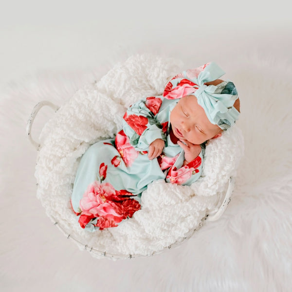 Teal Rose Baby Gown and Bow Headband