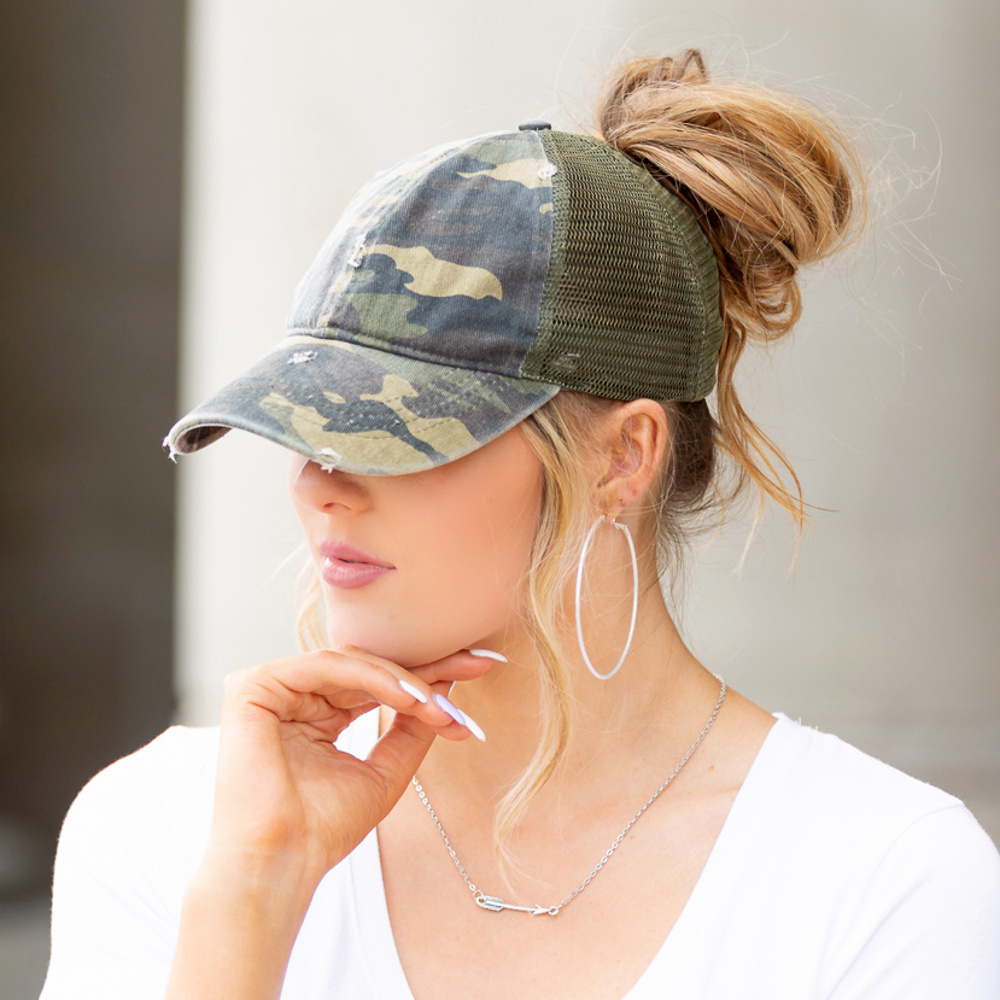 Distressed Adjustable Messy Bun Caps | AILI'S CORNER