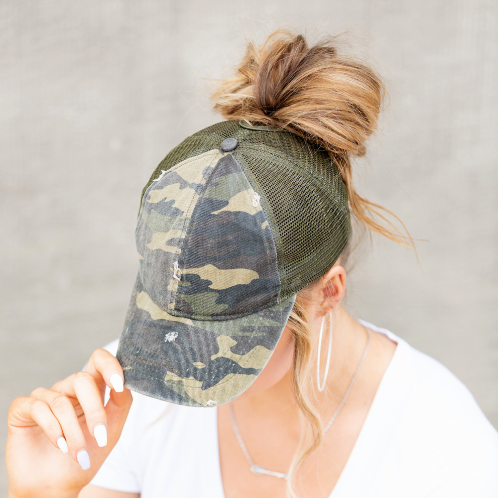 Distressed Adjustable Messy Bun Caps | AILI'S CORNER