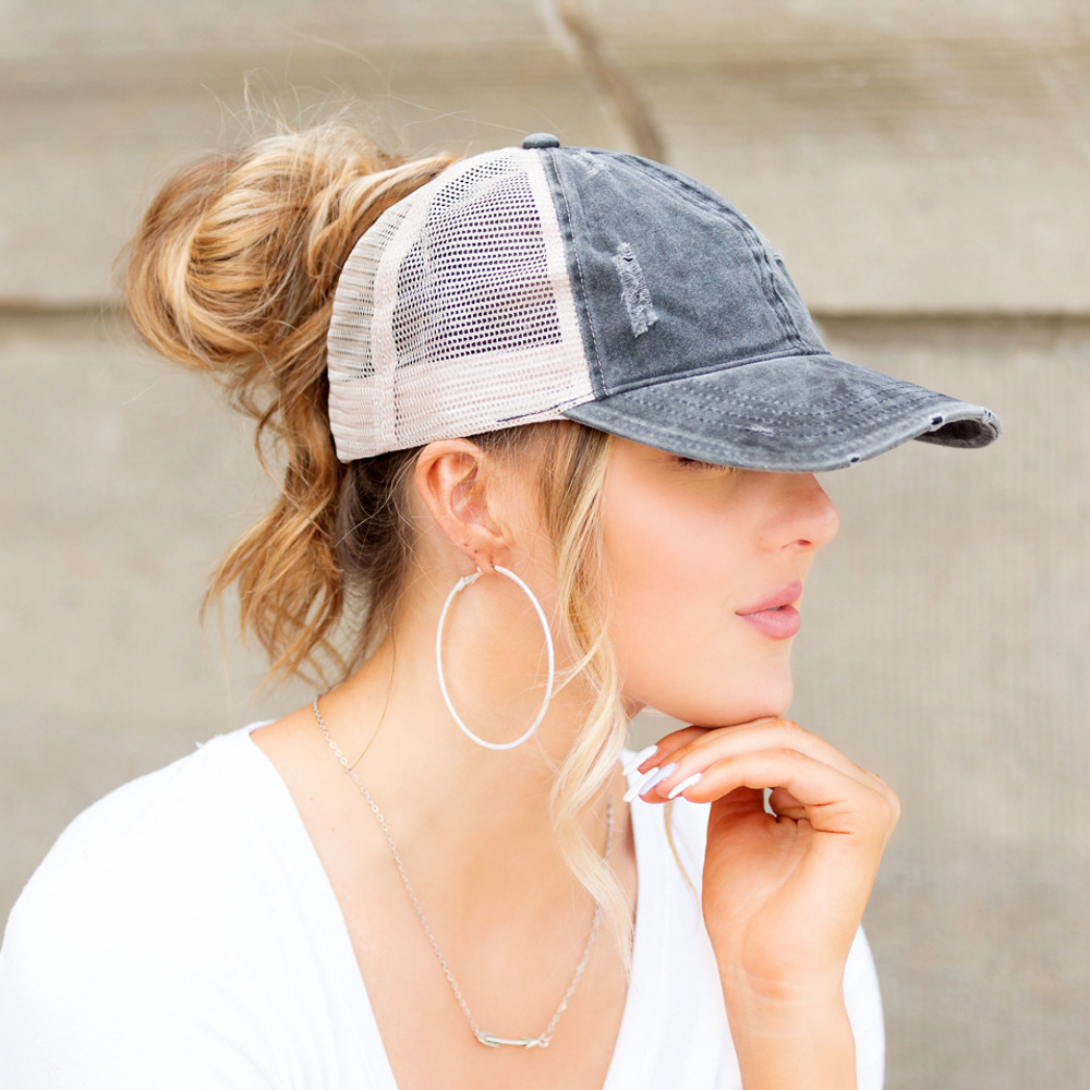 Distressed Adjustable Messy Bun Caps | AILI'S CORNER