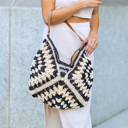 Black Multi Dahlia Woven Straw Shoulder Bag | AILI'S CORNER