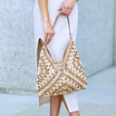 Khaki Multi Dahlia Woven Straw Shoulder Bag | AILI'S CORNER