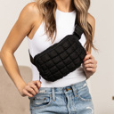 Black Evyn Quilted Puffer Sling Belt Bum Bag | AILI'S CORNER