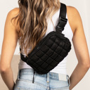 Black Evyn Quilted Puffer Sling Belt Bum Bag | AILI'S CORNER