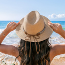 Khaki Boho  Embroidered Accent Straw Panama Fedora Hat 