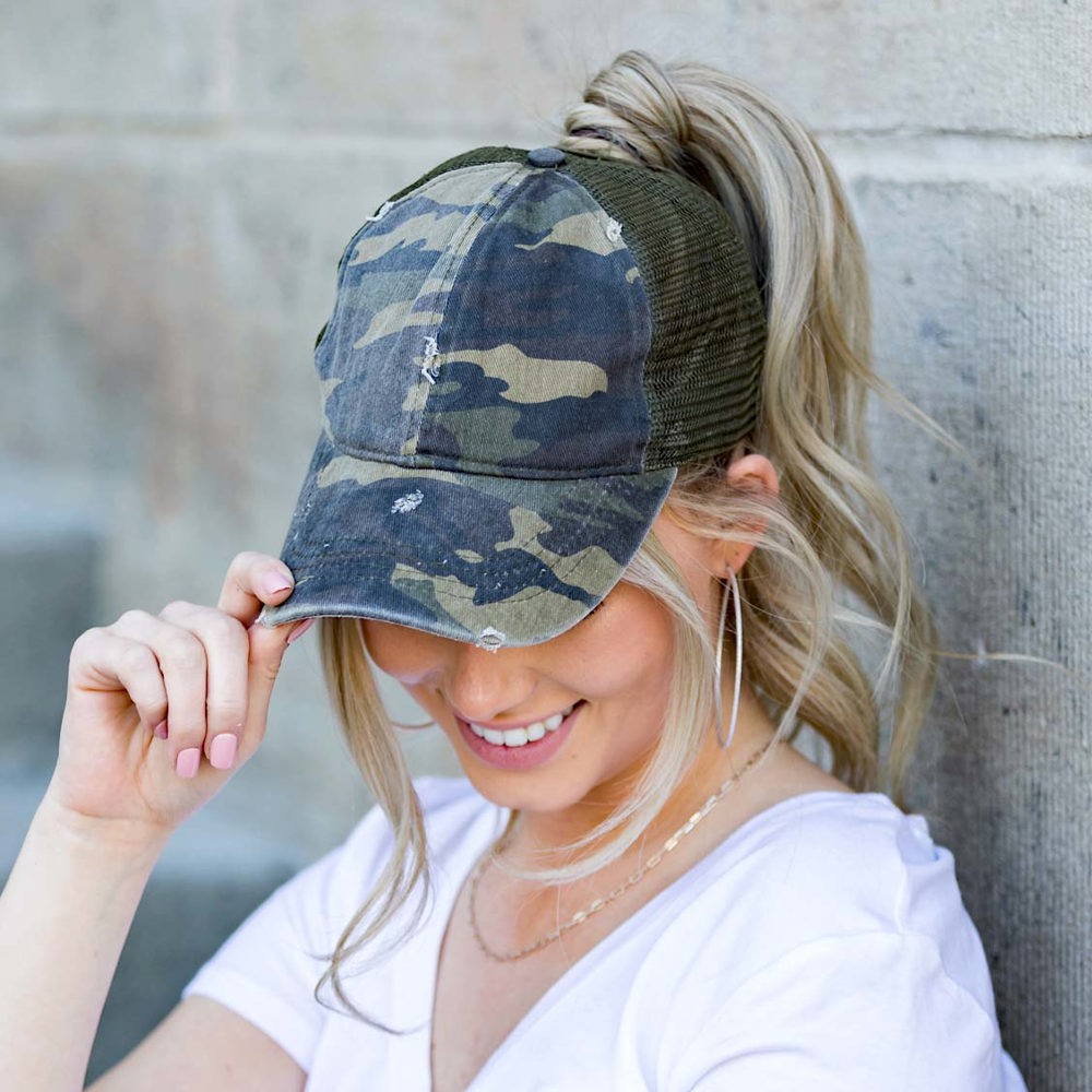 Distressed Adjustable Messy Bun Caps | AILI'S CORNER