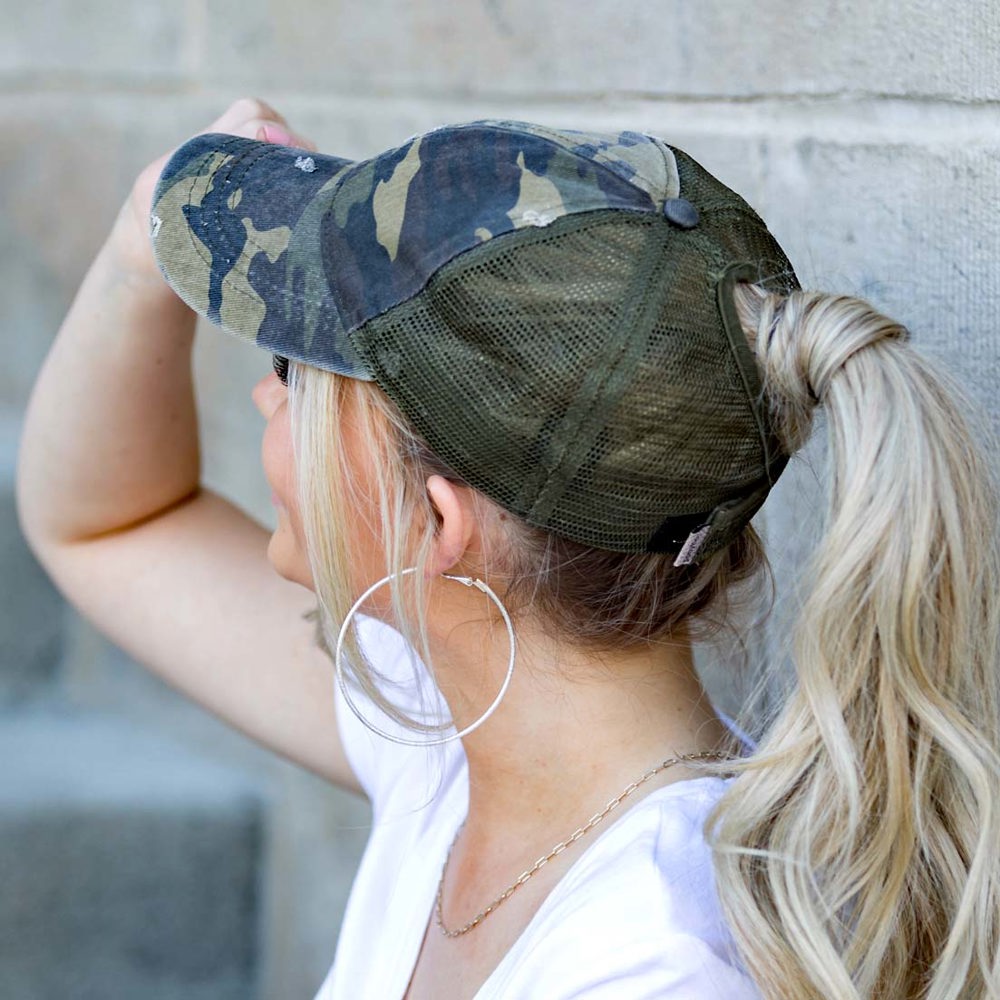 Distressed Adjustable Messy Bun Caps | AILI'S CORNER