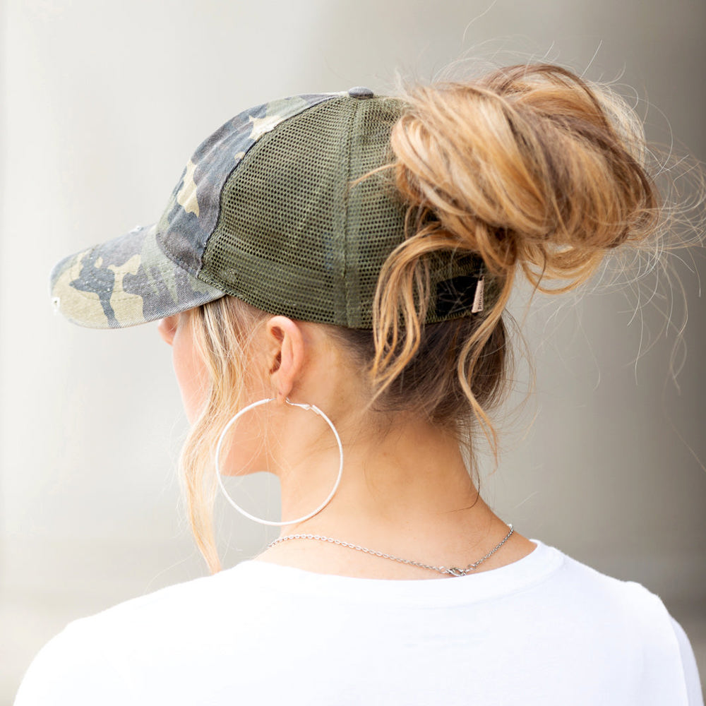 Distressed Adjustable Messy Bun Caps | AILI'S CORNER