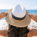 Khaki/black/white Fray Edge Color Block Panama Hat | AILI'S CORNER