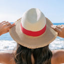 Khaki/red/straw Fray Edge Color Block Panama Hat | AILI'S CORNER