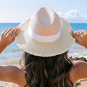 Straw/white/blush Fray Edge Color Block Panama Hat | AILI'S CORNER