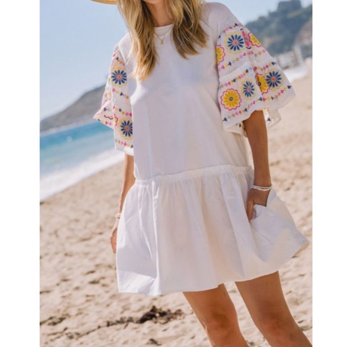 White Embroidered Tiered Ruffle Mini Dress