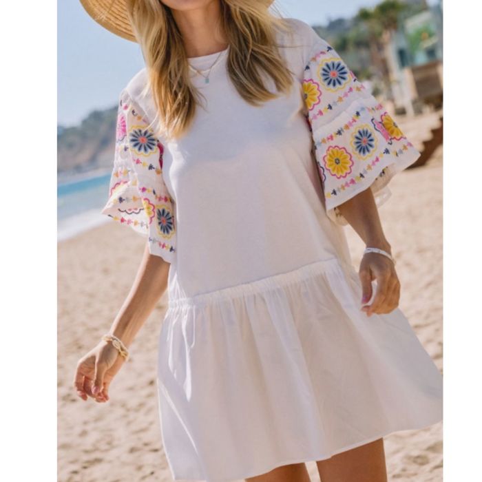 White Embroidered Tiered Ruffle Mini Dress