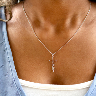 Sterling Silver "Jesus" Cursive Cross Necklace