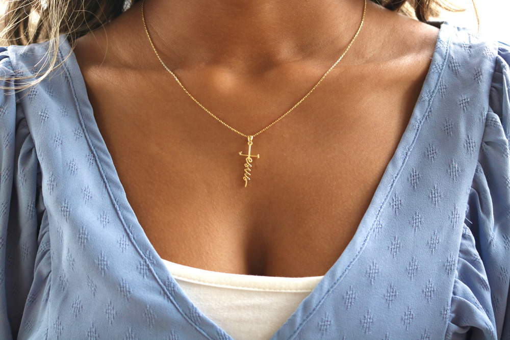 Sterling Silver "Jesus" Cursive Cross Necklace