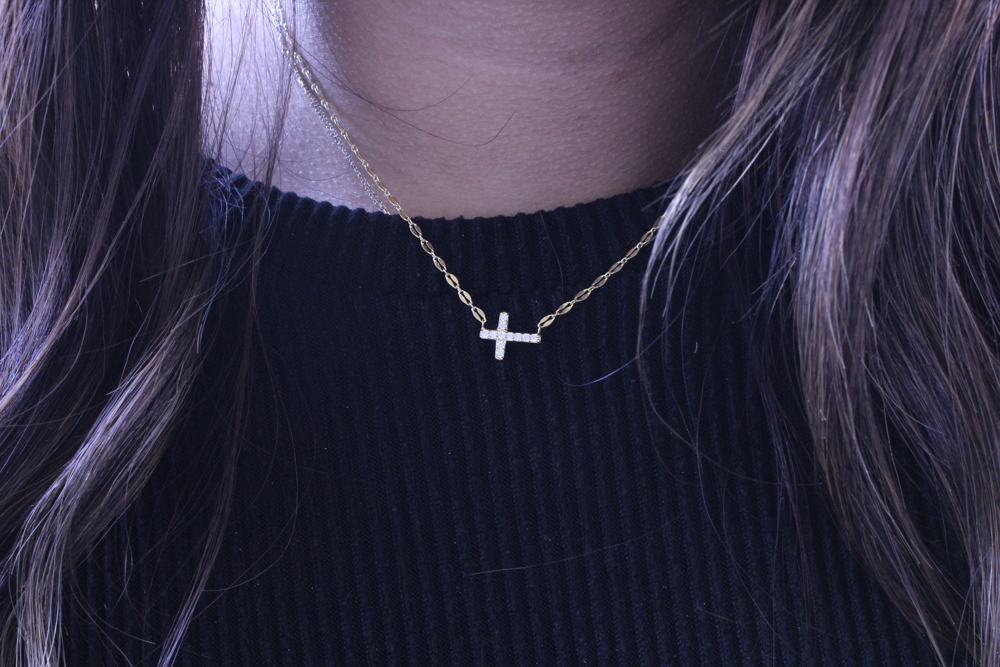 Sterling Silver Sideways CZ Cross Necklace