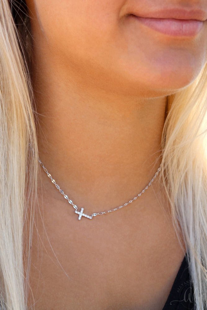 Sterling Silver Sideways CZ Cross Necklace