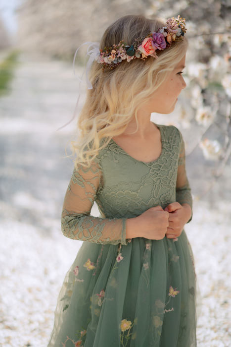 Floral Embroidered Tulle Dress – Long Sleeve Knee Length
