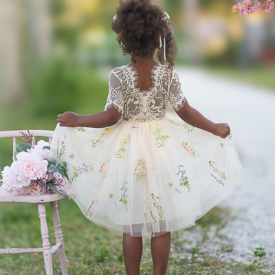 Floral Embroidered Tulle Dress – Short Sleeve Knee Length   7 Colors 