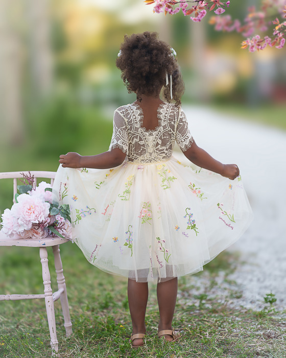 Floral Embroidered Tulle Dress – Short Sleeve Knee Length   7 Colors 