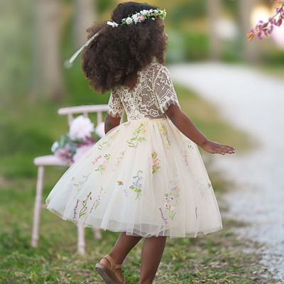 Floral Embroidered Tulle Dress – Short Sleeve Knee Length   7 Colors 