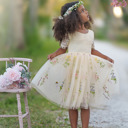  Floral Embroidered Tulle Dress – Short Sleeve Knee Length   7 Colors 