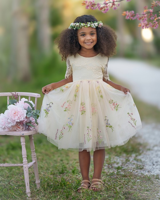 Floral Embroidered Tulle Dress – Short Sleeve Knee Length   7 Colors 