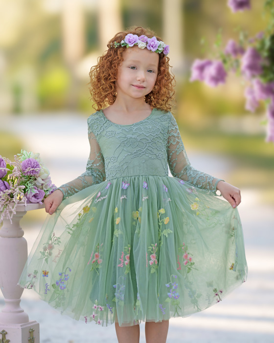 Floral Embroidered Tulle Dress – Long Sleeve Knee Length