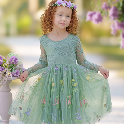 Floral Embroidered Tulle Dress – Long Sleeve Knee Length