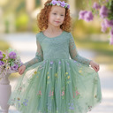  Floral Embroidered Tulle Dress – Long Sleeve Knee Length