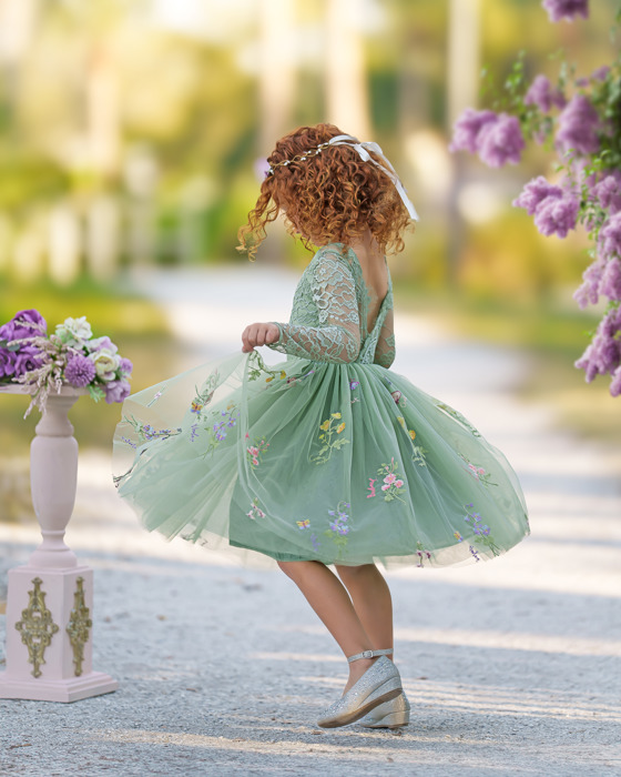 Floral Embroidered Tulle Dress – Long Sleeve Knee Length